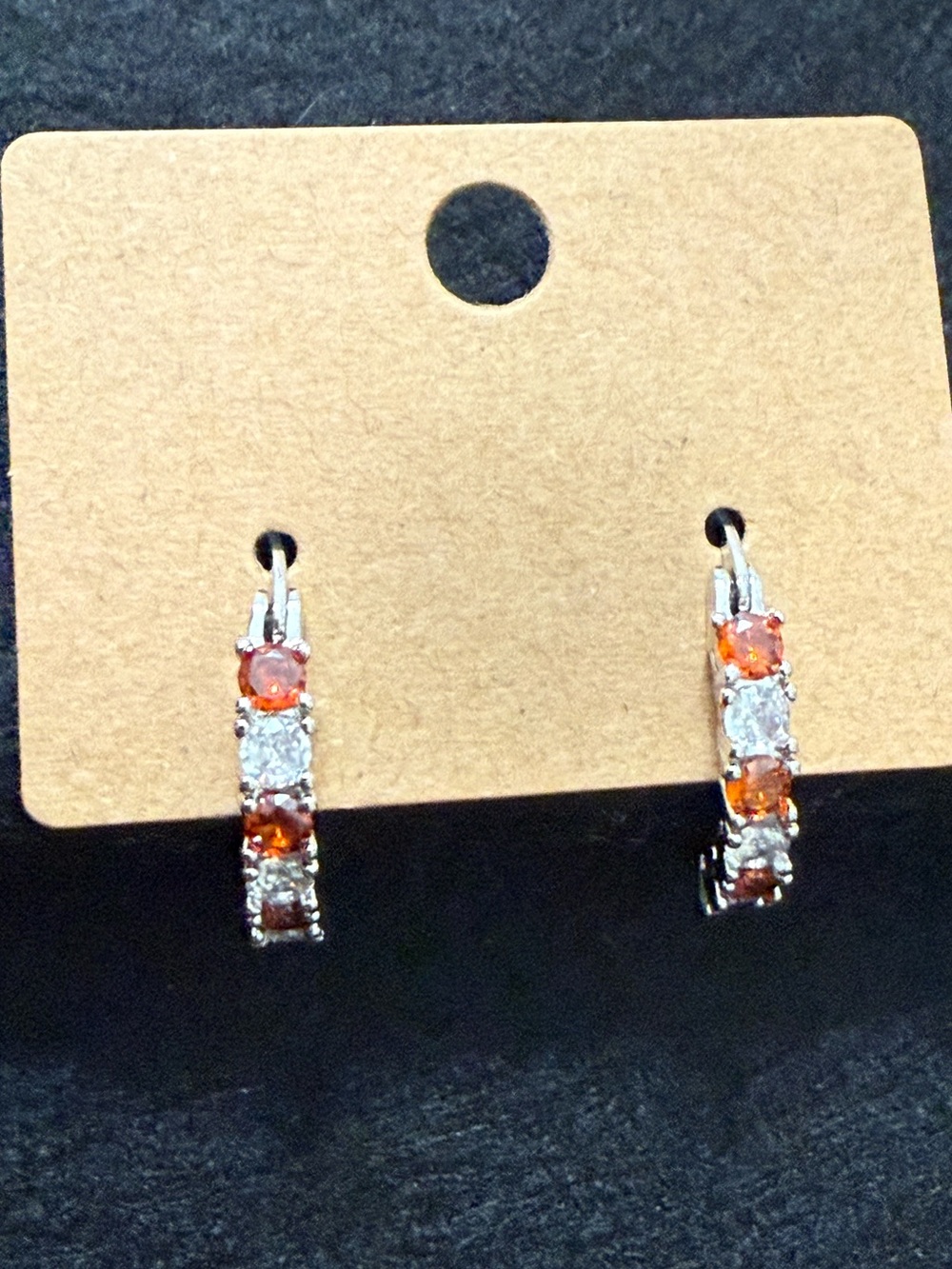 Hoop Earrings Orange and Clear Round Cubic Zirconia Sparkly Silver-tone New